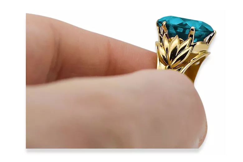 Pierścionek z żółtego 8k złota z Akwamarynem vrc029x-aq Vintage Biżuteria Art Deco Rosyjska biżuteria w stylu ZSRR